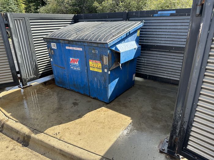 A blue commercial dumpster in a cleaned enclosure