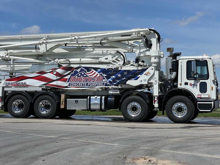 A concrete pump truck cleaned and parked